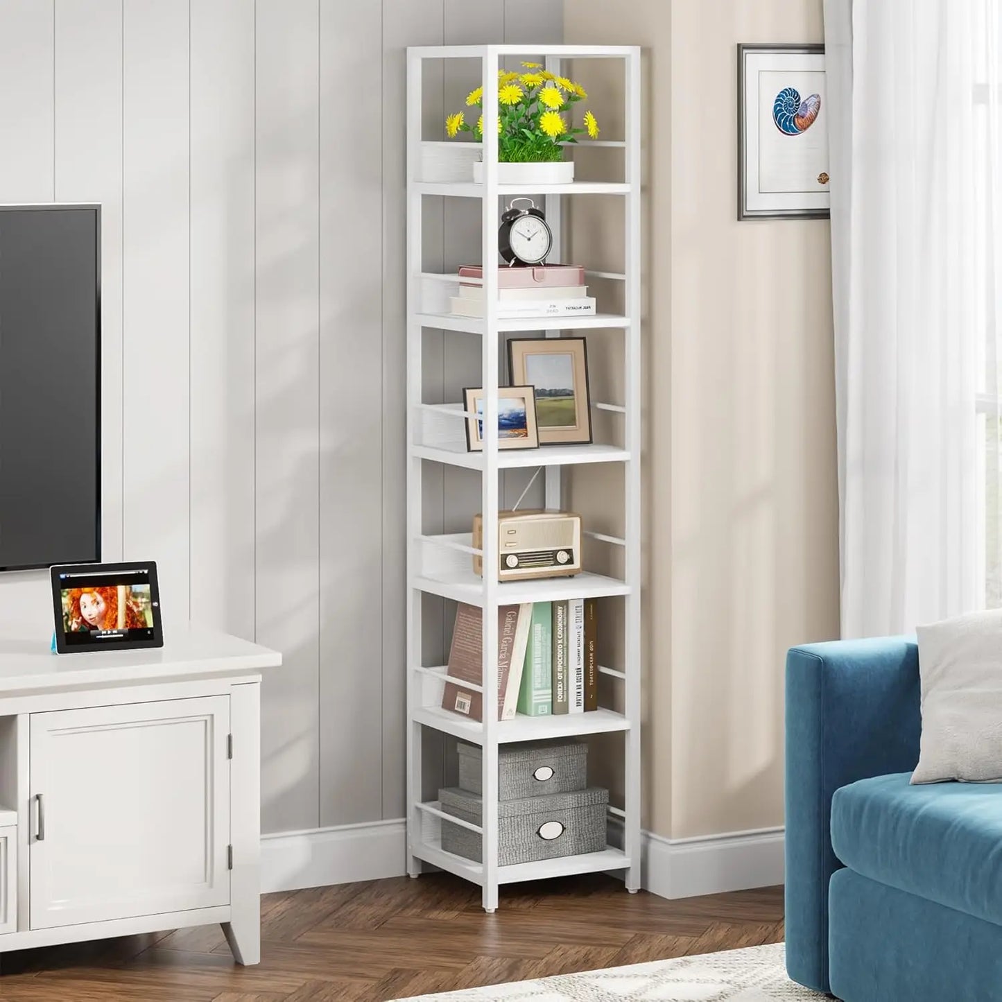 Little Tree Rustic Six Tier Corner Bookshelf Storage Rack