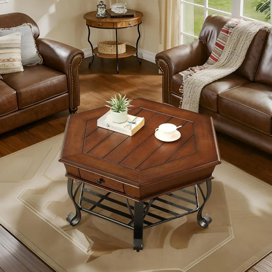 Guangbai 2 Tier Hexagon Wood Coffee Table With Metal Legs
