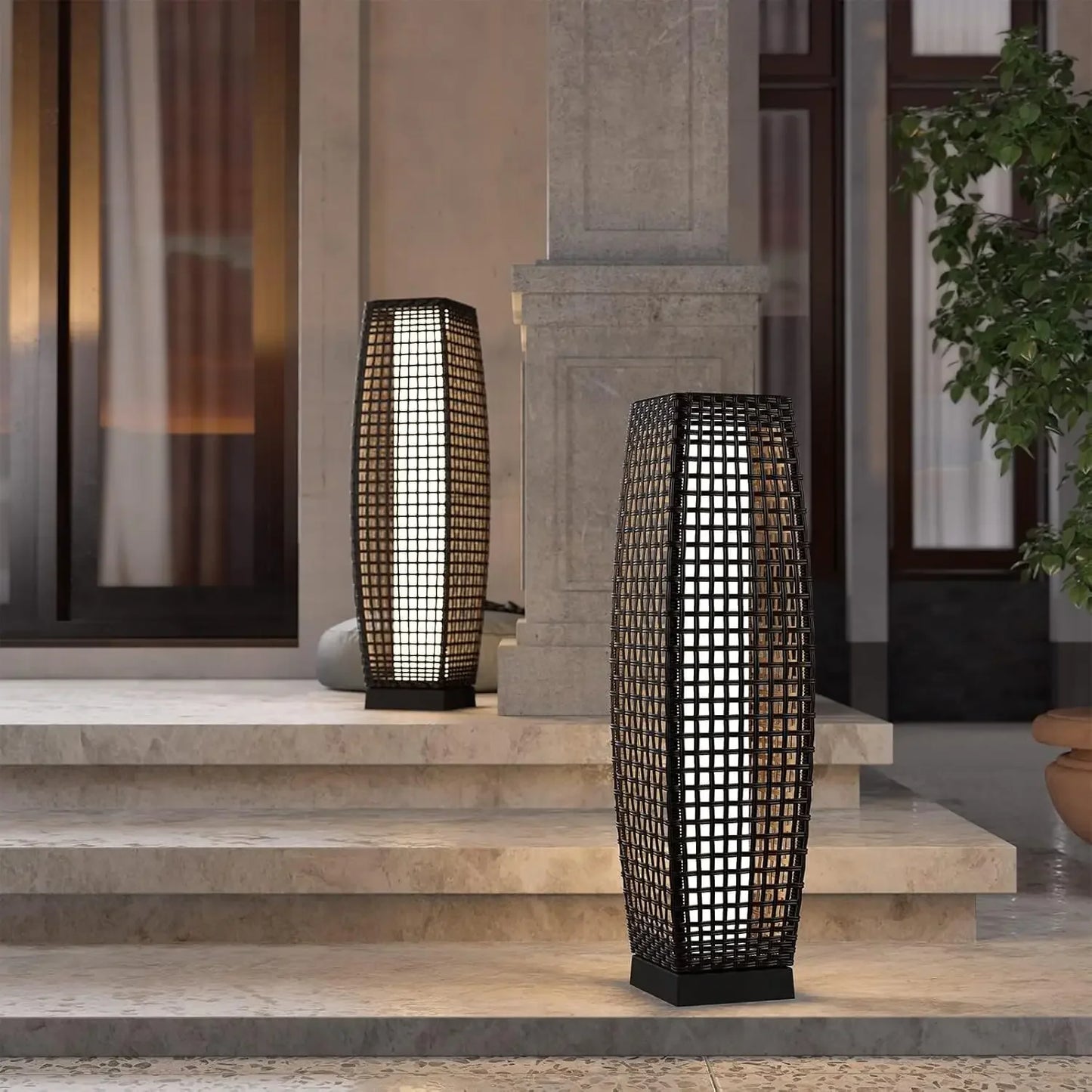 Cindy Outdoor Solar Powered Woven Wicker Lantern Floor Lamp