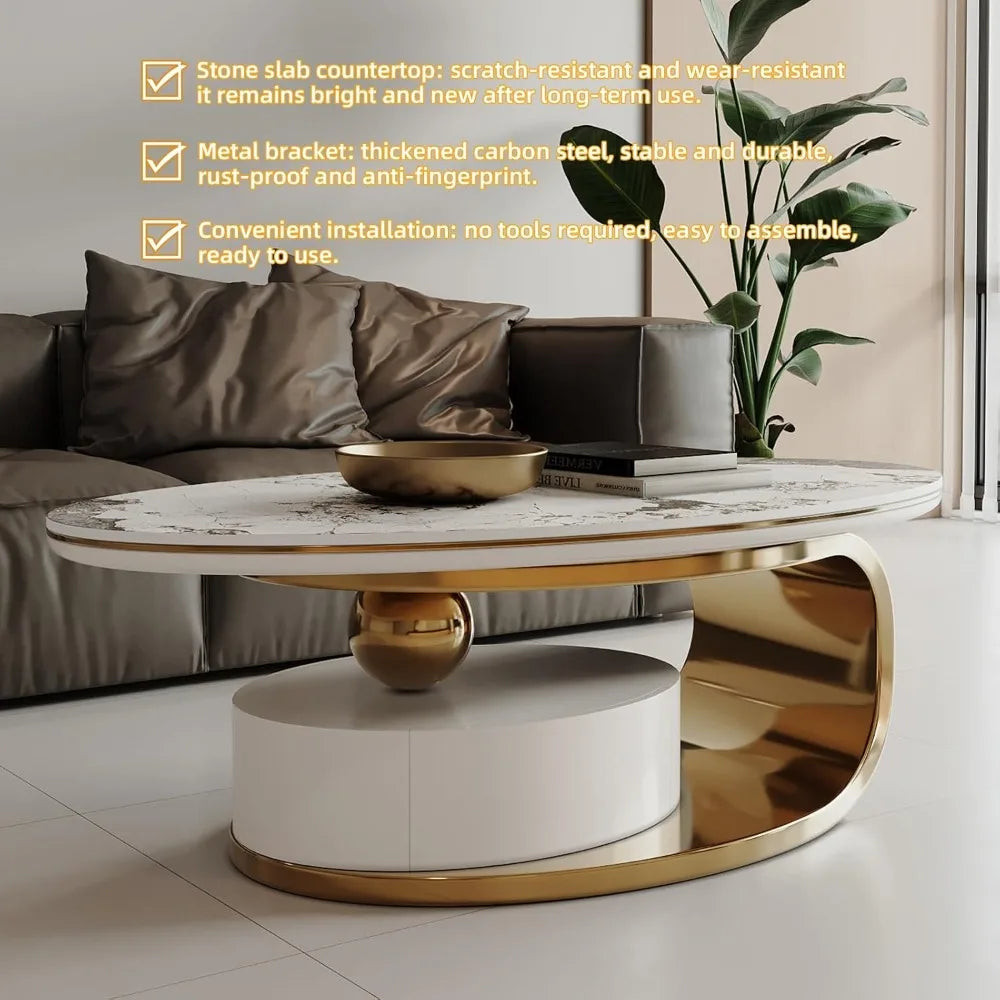 Luxury Marble Coffee Table With Drawer And Metal Base