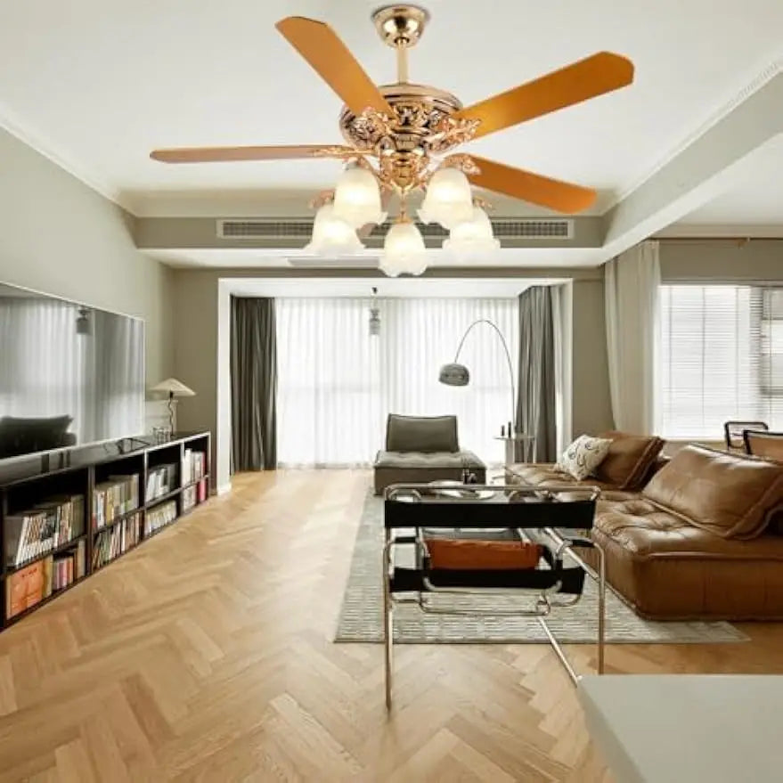 Modern Ceiling Fan With Remote Control And Five Wood Blades