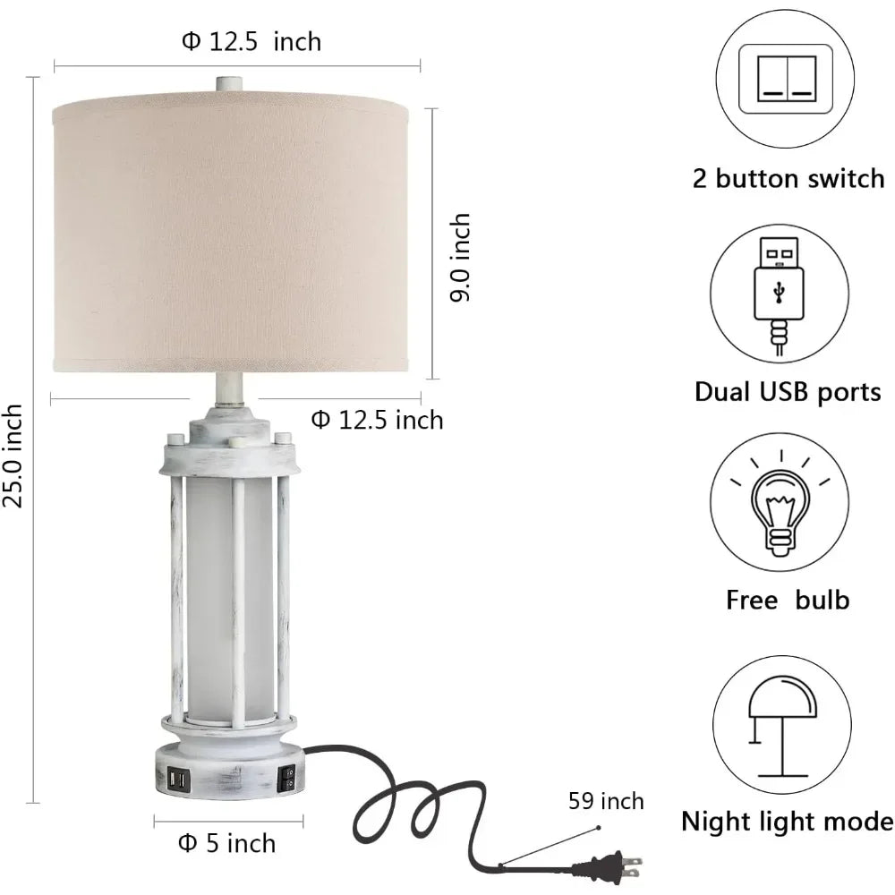 XMSJ Rustic Table Lamps Set 2 USB Ports Farmhouse Style