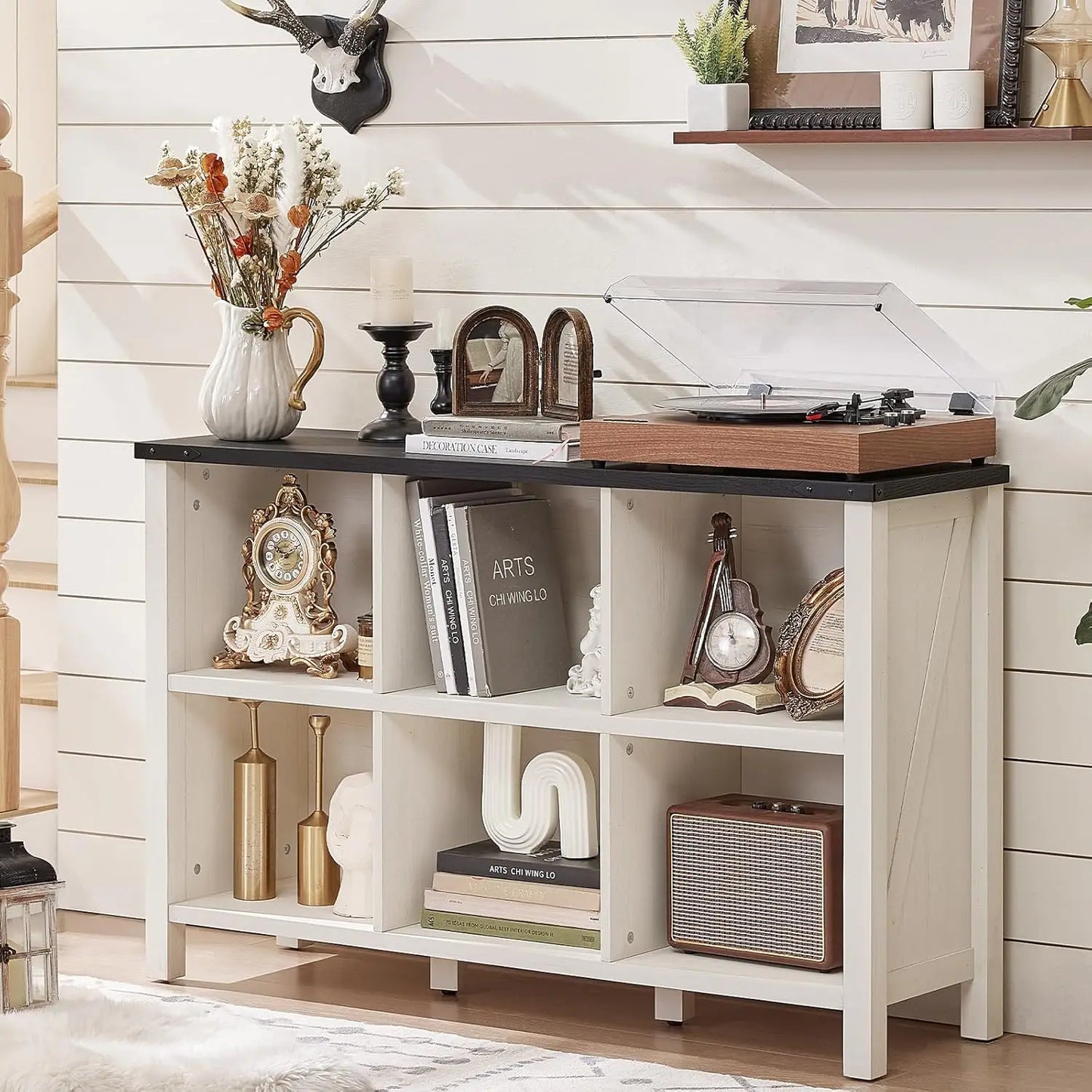 6 Cube Farmhouse Wood Low Storage Organizer Bookcase