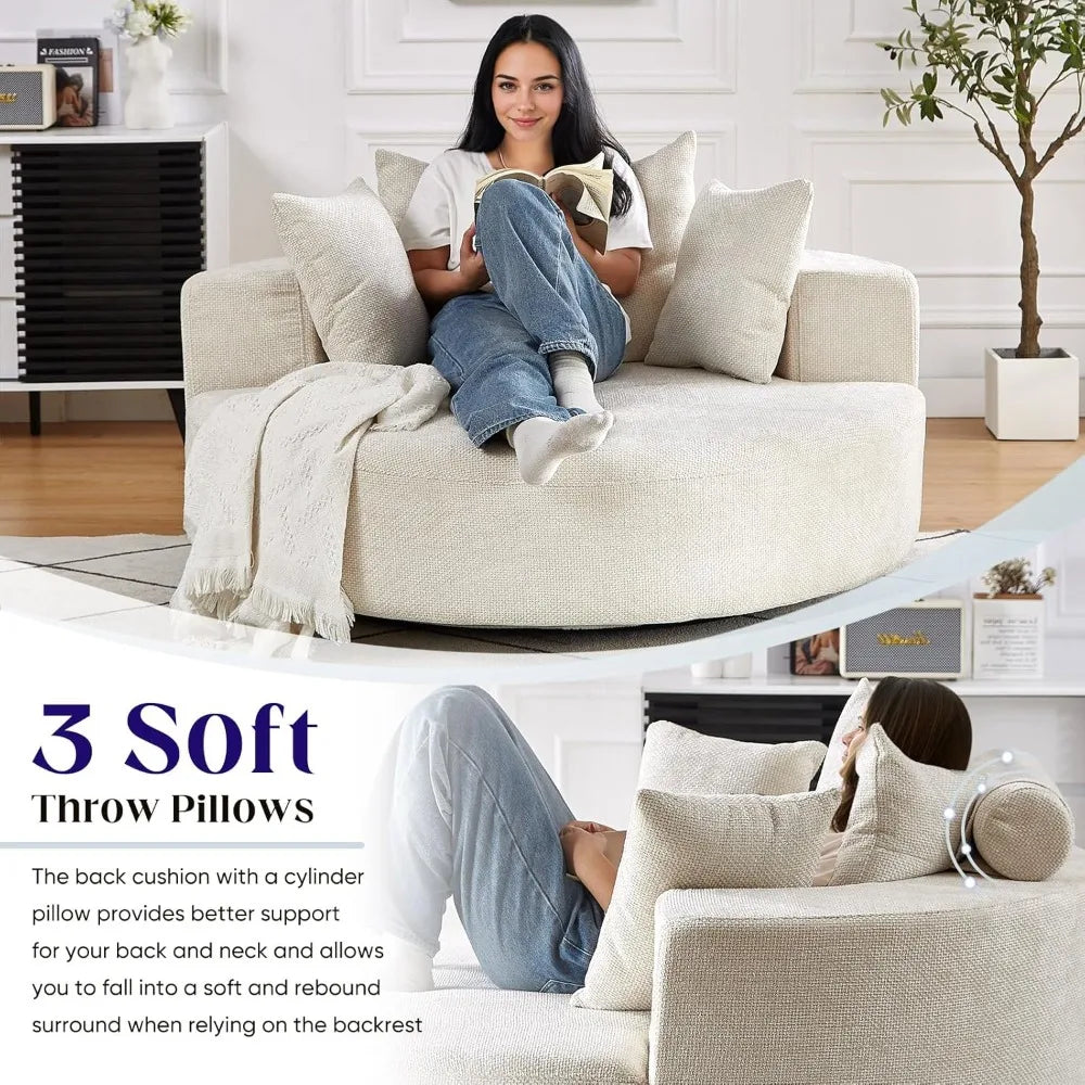 Oversized Round Swivel Chaise Longue Indoor Upholstered Chenille Deep Seat