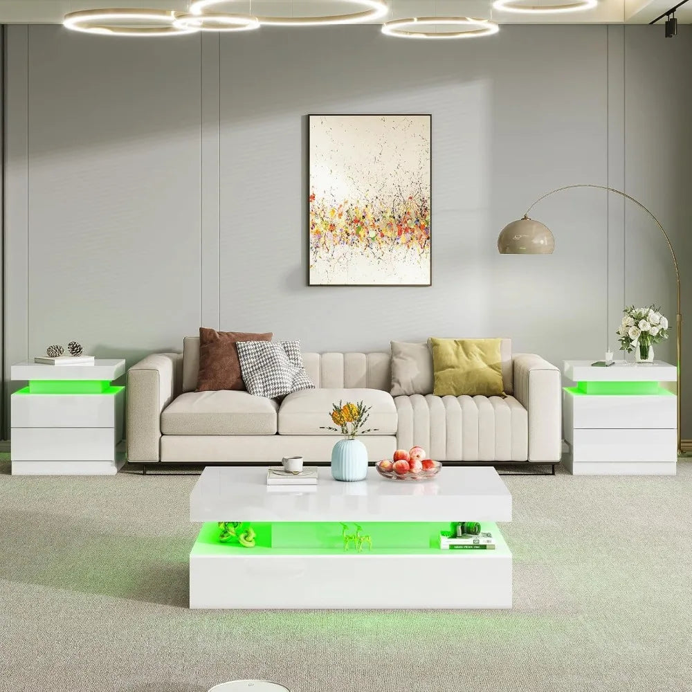 High Gloss 3 Piece LED Coffee Table Set With End Tables