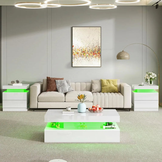 High Gloss 3 Piece LED Coffee Table Set With End Tables