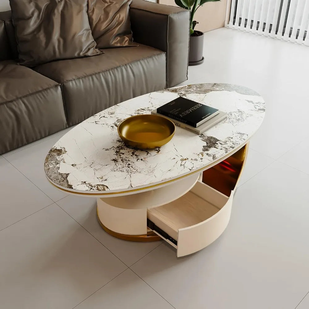 Luxury Marble Coffee Table With Drawer And Metal Base