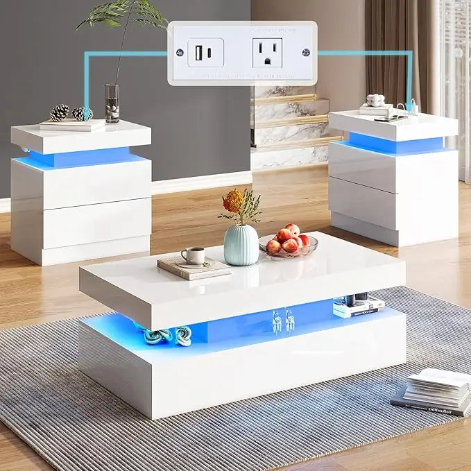 High Gloss 3 Piece LED Coffee Table Set With End Tables