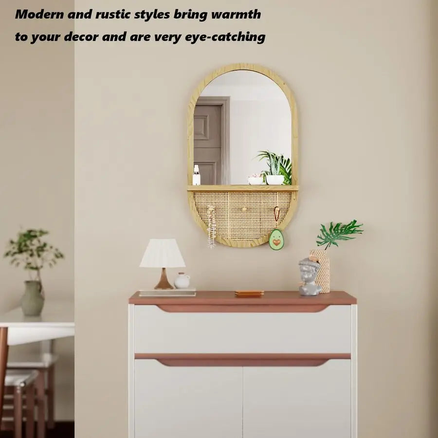 Mirror with Hooks, 30x18 Inch Boho Wall Mirror with Removable Shelf, Oval Solid Wood Framed, Handmade Rattan Mirror for Entryway