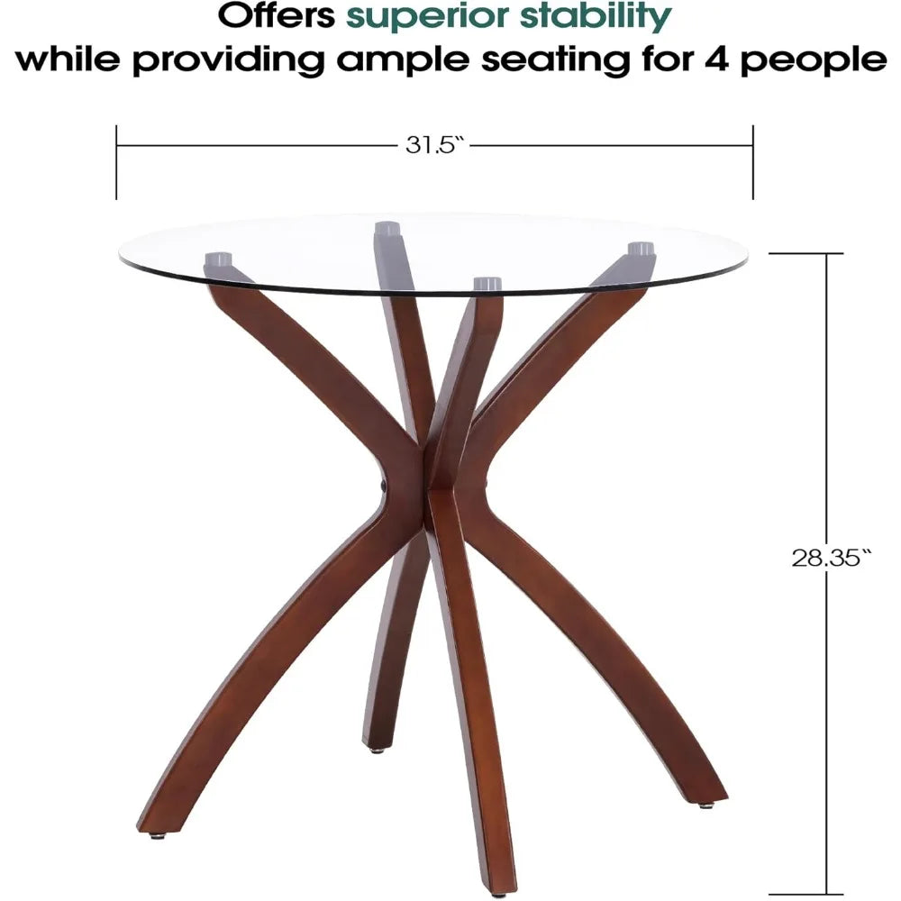 ZHUXIANG Round Glass Dining Table With Solid Wood Legs