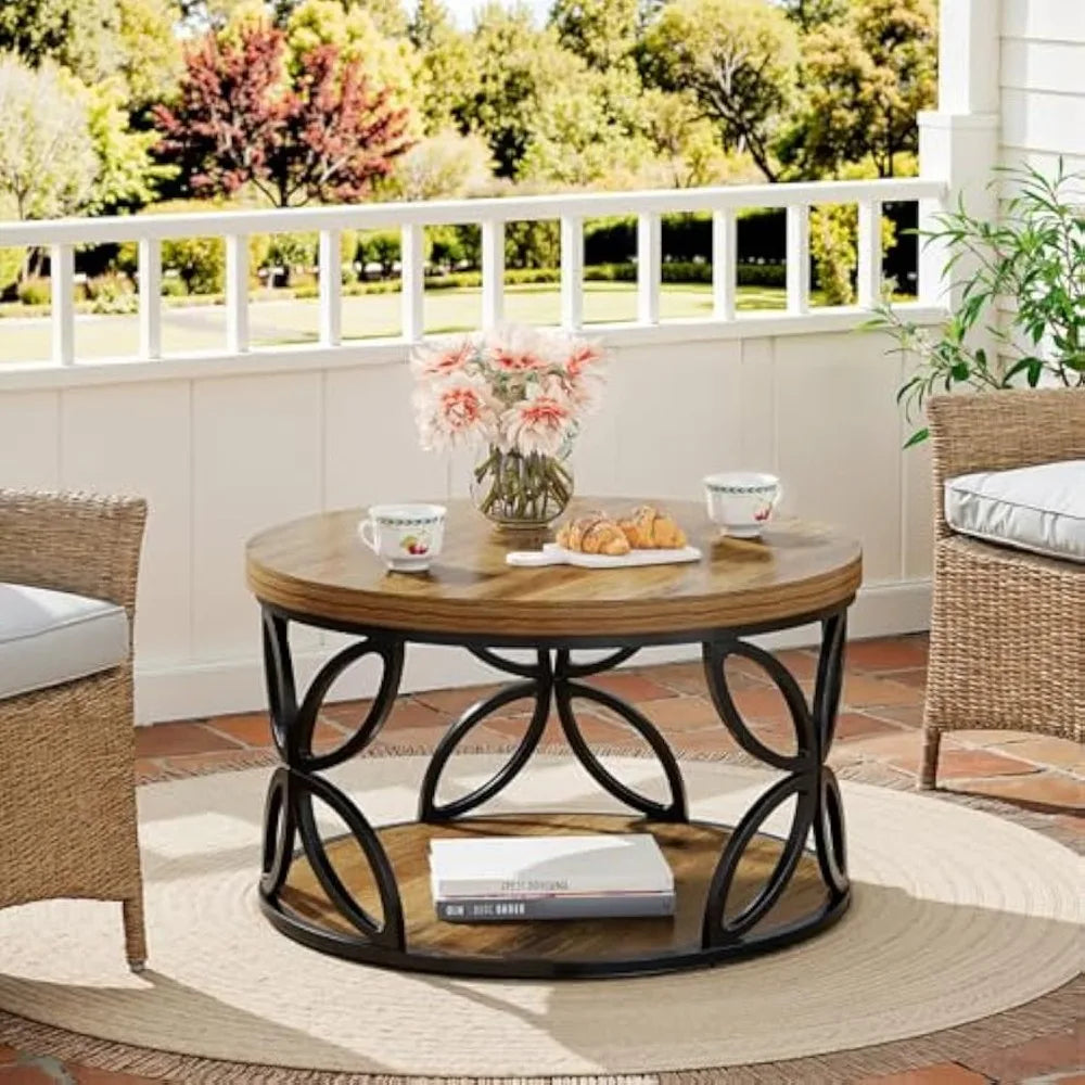 ANGDUO Round Coffee Table With Storage 2 Tier Center Table
