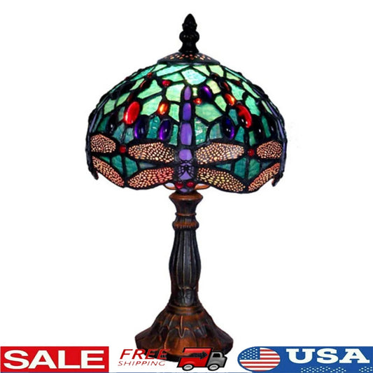 XMSJ Tiffany Dragonfly Table Lamp Bronze Glass Shade