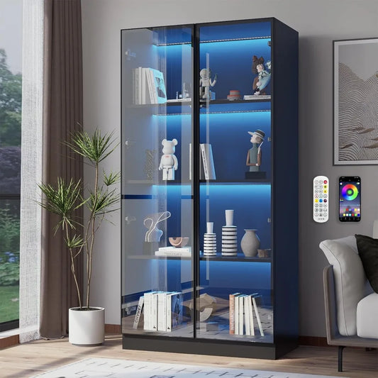 YANYING Glass Curio Cabinet With LED Lights And Shelves