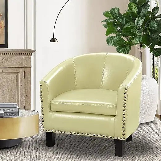 Barrel Leather Accent Chair With Solid Wood Legs Padded Seat