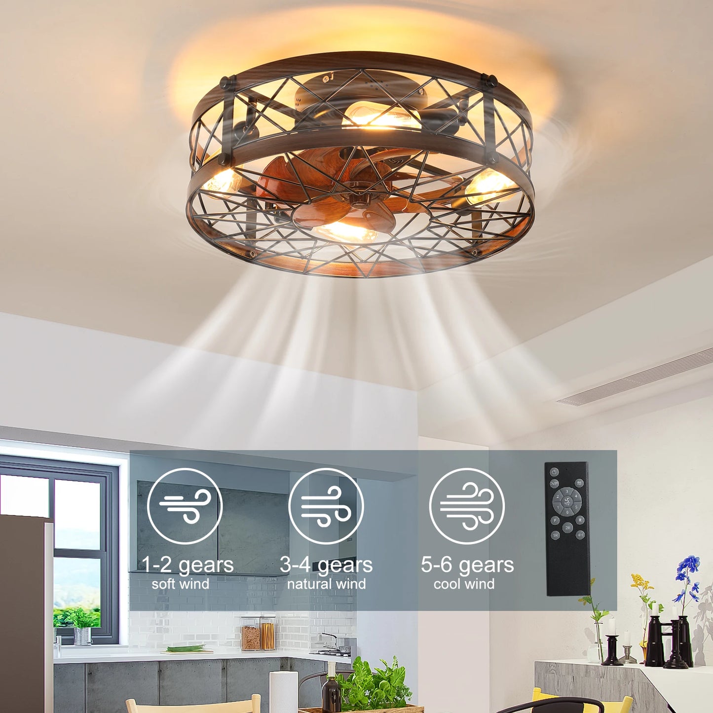 ARLGSITE Caged Ceiling Fan With Light Flush Mount Bulbs Included