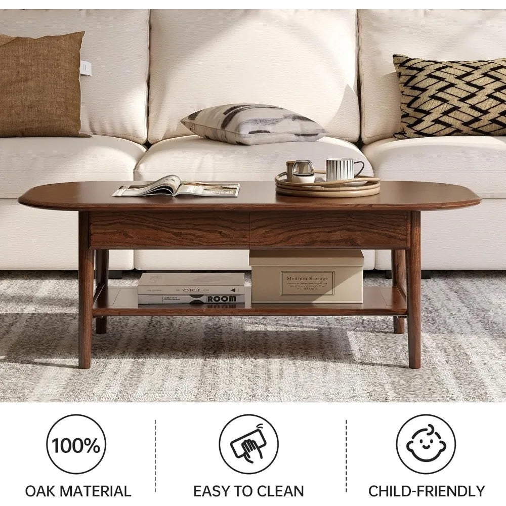 DAFIFY Oak Wood Coffee Table With 2 Drawers And Shelf