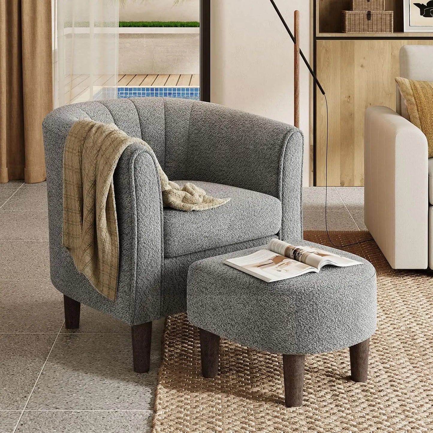 Mid Century Modern Chenille Barrel Chair With Ottoman