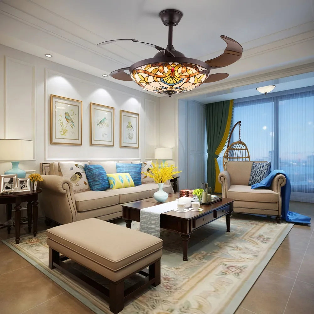 Bymaocar Tiffany Ceiling Fan With LED Light And Remote