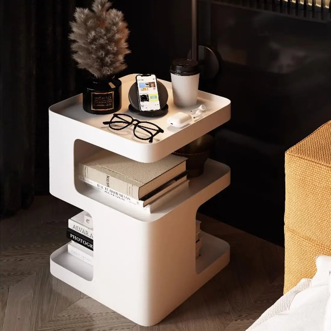General Use Side Table Modern 3 Tier Glass Nightstand