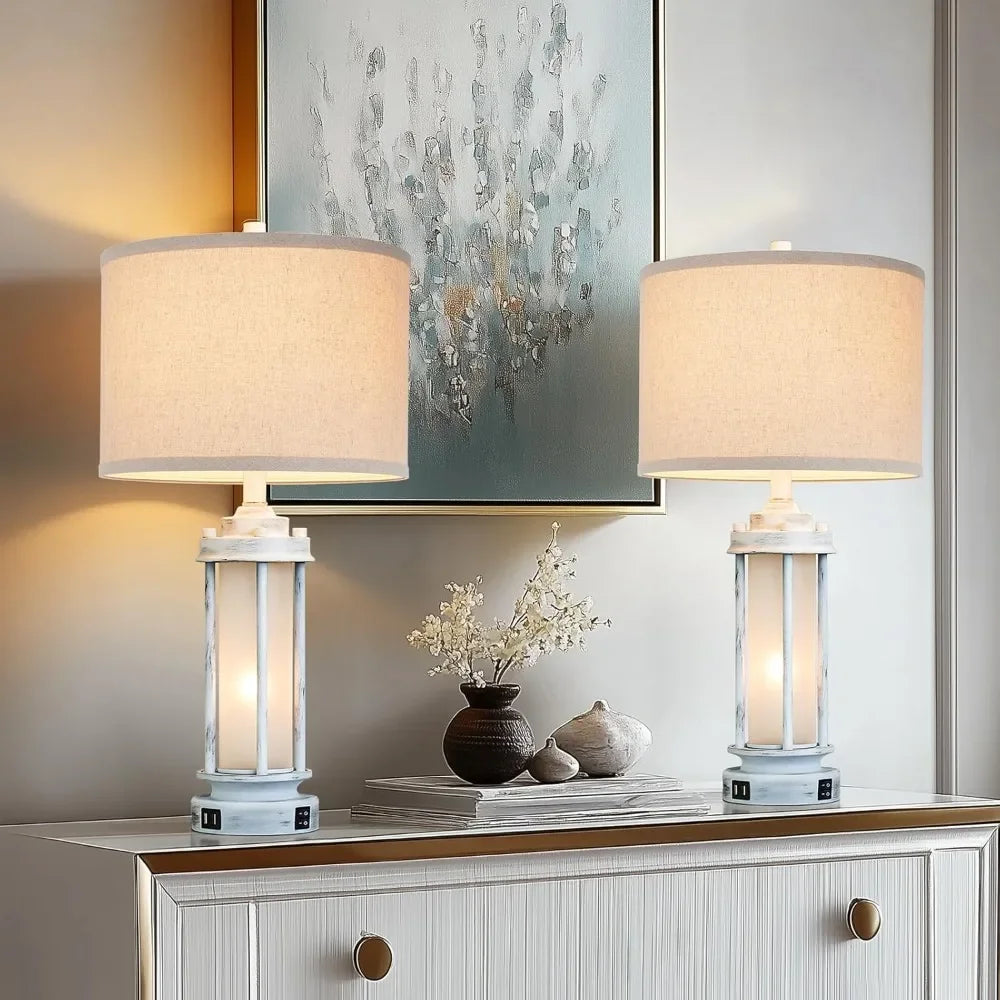 XMSJ Rustic Table Lamps Set 2 USB Ports Farmhouse Style