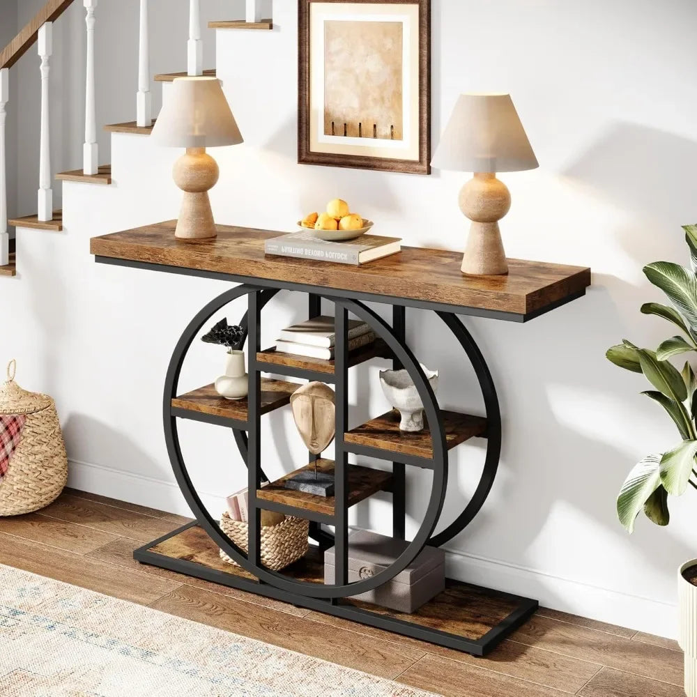 Hign Concerned Industrial Console Table With Circle Shelves