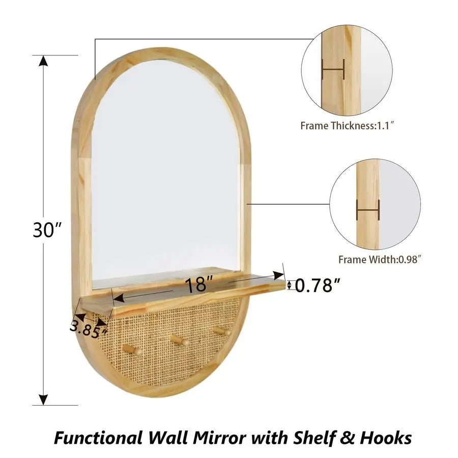 Mirror with Hooks, 30x18 Inch Boho Wall Mirror with Removable Shelf, Oval Solid Wood Framed, Handmade Rattan Mirror for Entryway