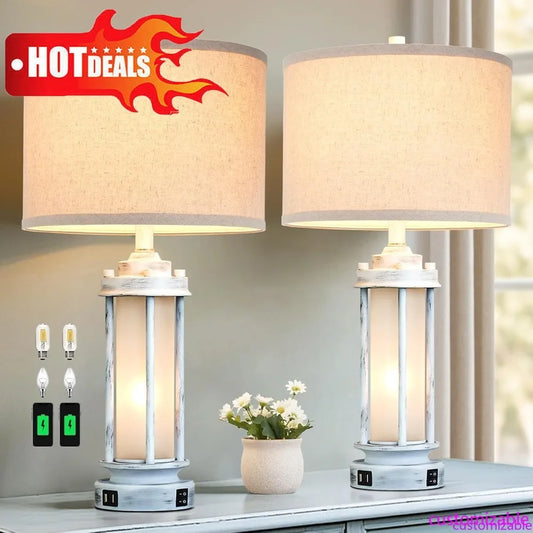 XMSJ Rustic Table Lamps Set 2 USB Ports Farmhouse Style
