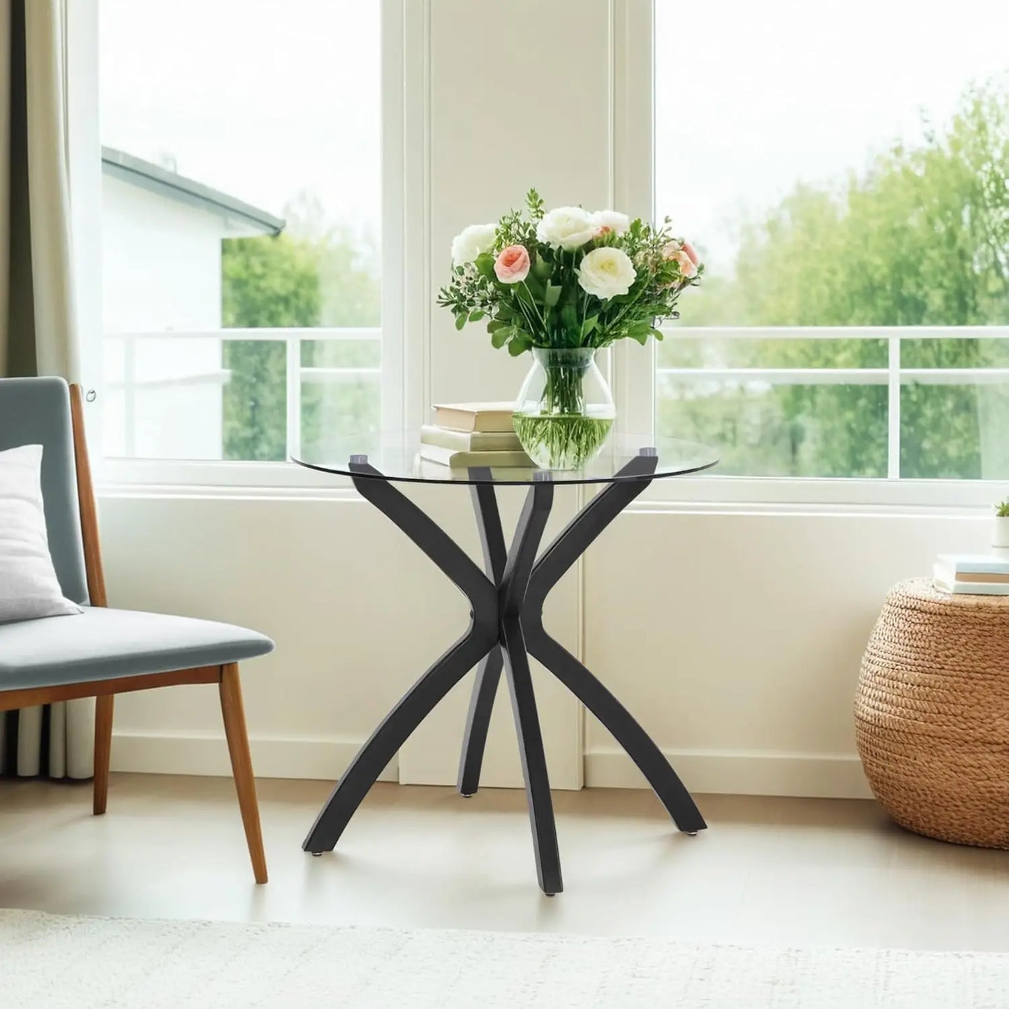 ZHUXIANG Round Glass Dining Table With Solid Wood Legs