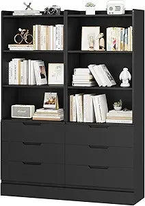 Bookcase Set Of 2 With 3 Drawers And Adjustable Shelves