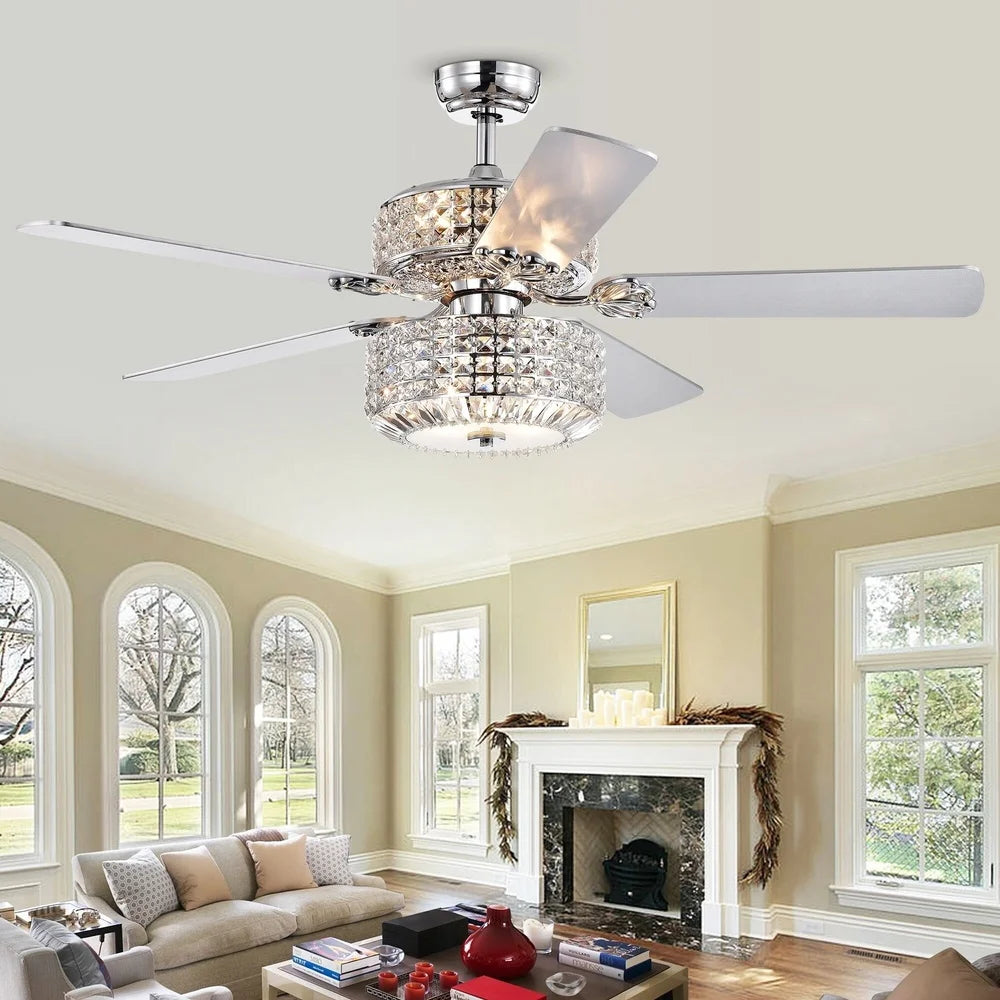 XMSJ Elegant Chrome Ceiling Fan With Crystal Lights Remote