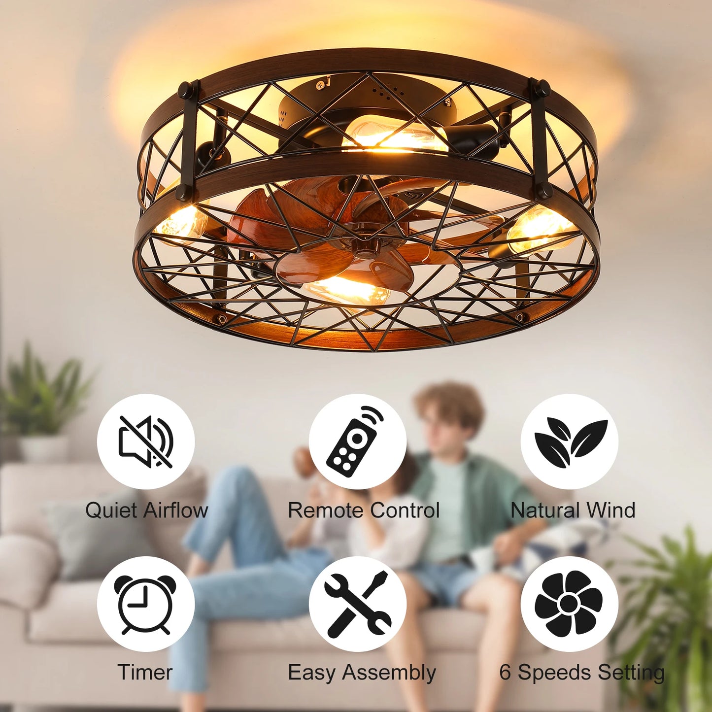 ARLGSITE Caged Ceiling Fan With Light Flush Mount Bulbs Included