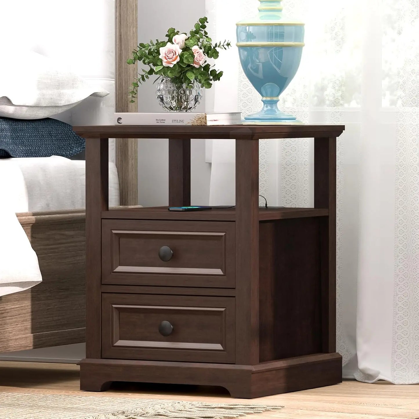 HUANZHUANG End Tables Set 2 With Drawers And Fast Charge