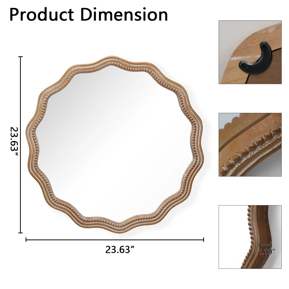 Wavy Scalloped Edge Round Wood Wall Mirror