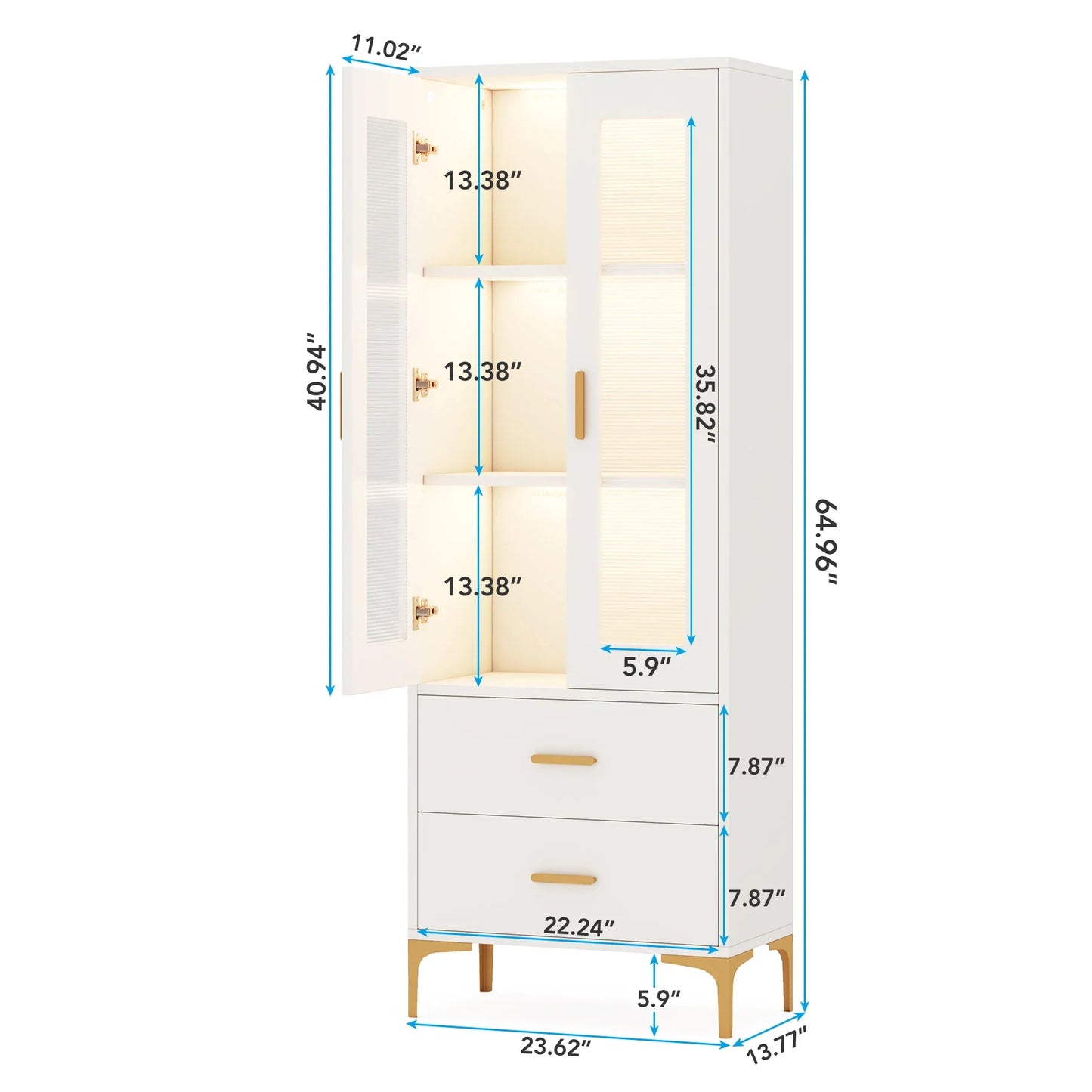 Tribesigns Bookcase With LED Light And Doors Drawers