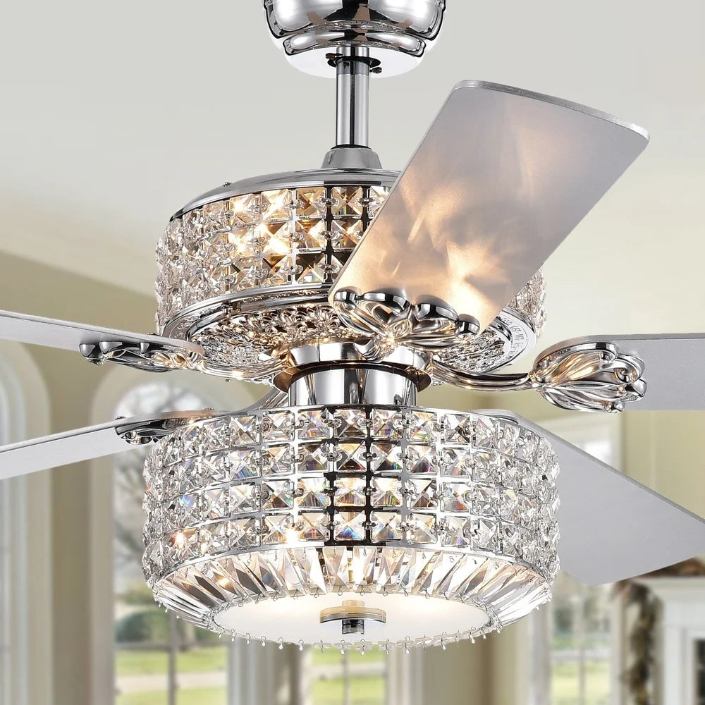 XMSJ Elegant Chrome Ceiling Fan With Crystal Lights Remote