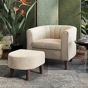 Mid Century Modern Chenille Barrel Chair With Ottoman