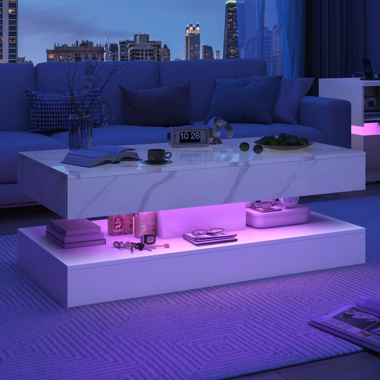 QiaoShiRen Modern LED Coffee Table Double Storage Drawers