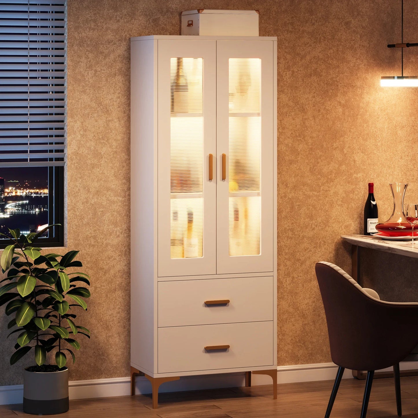 Tribesigns Bookcase With LED Light And Doors Drawers