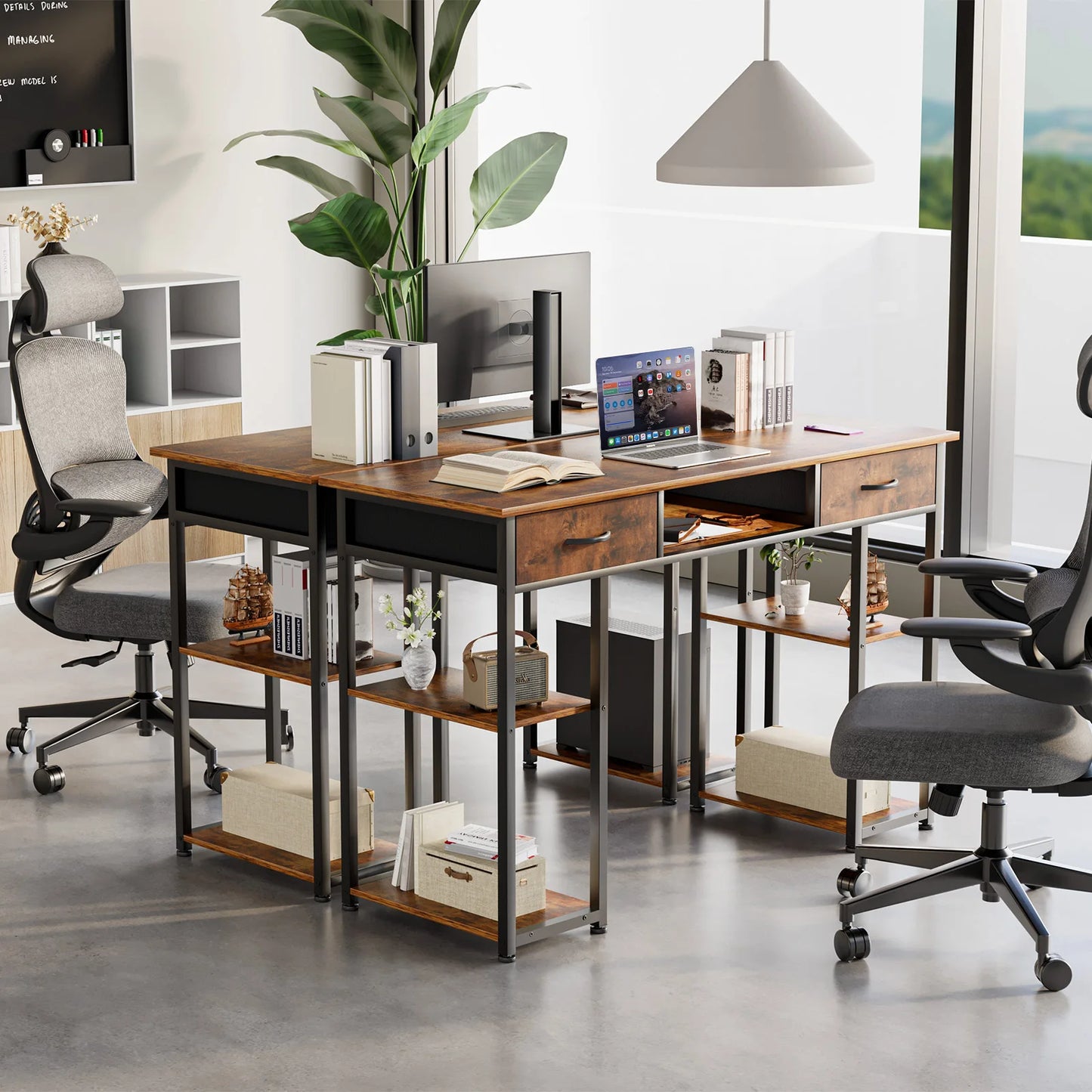 JHK Double Deck Office Desk With Fabric Storage Drawers
