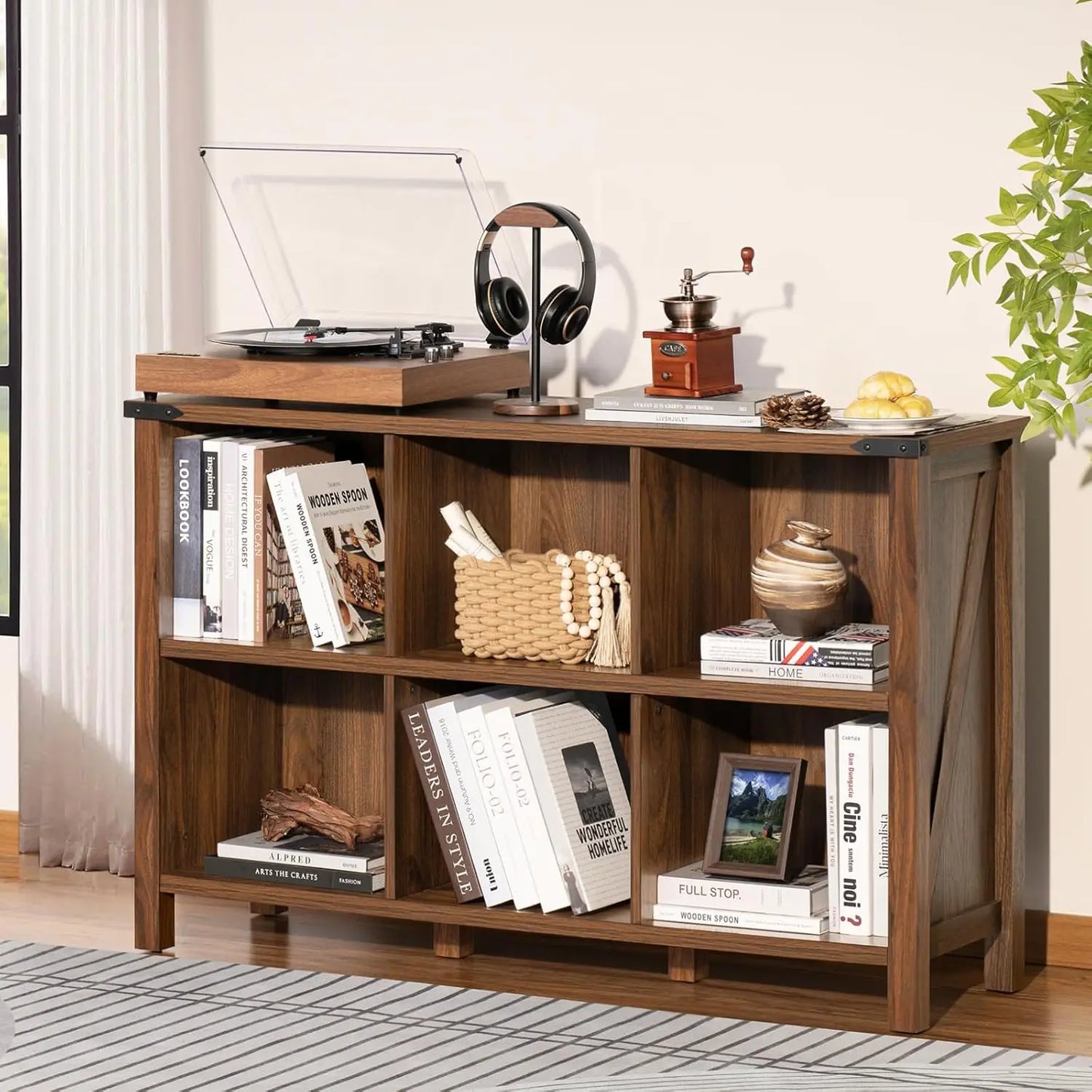 6 Cube Farmhouse Wood Low Storage Organizer Bookcase
