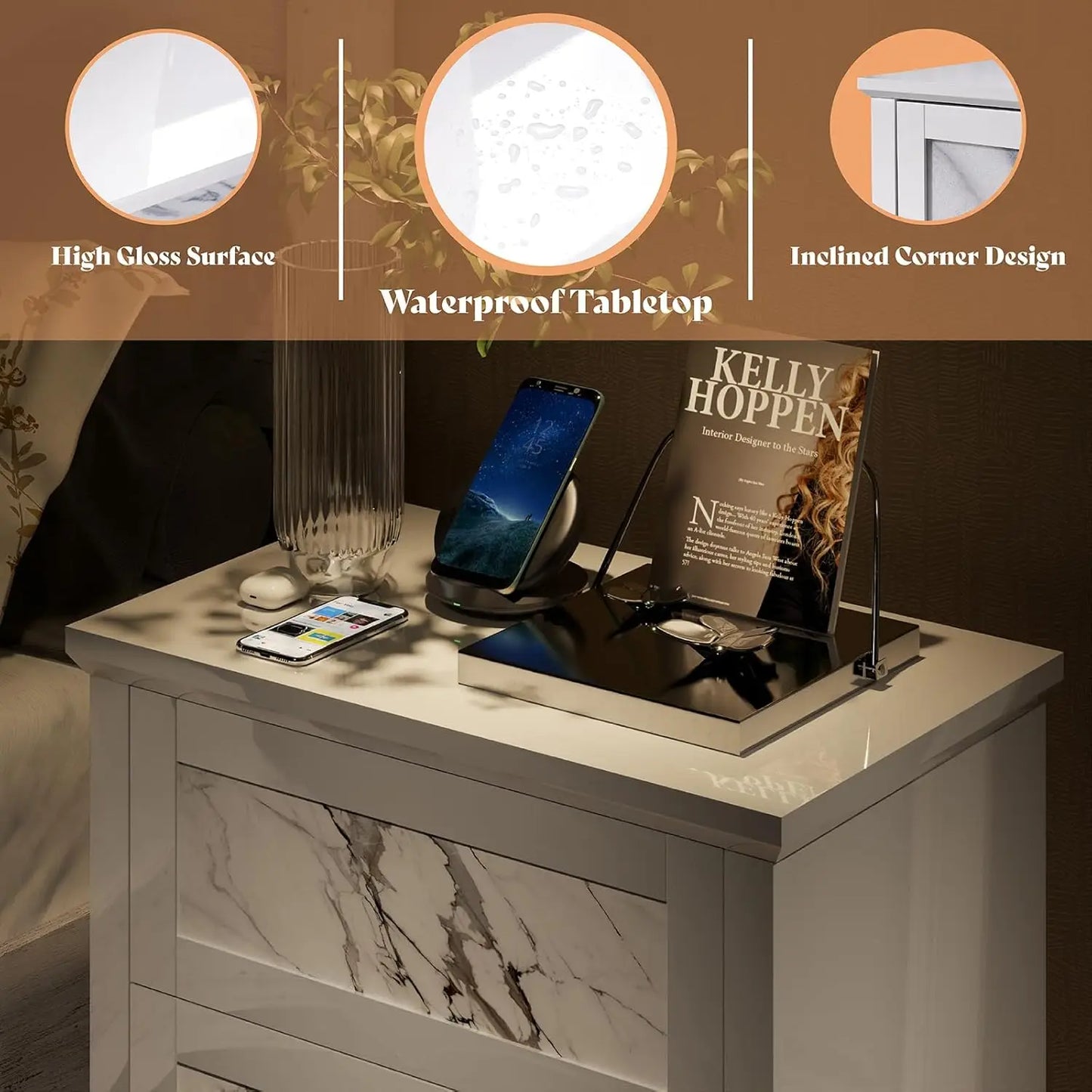 HUANHUI Marble Nightstand Set Of 2 With Drawers And Storage