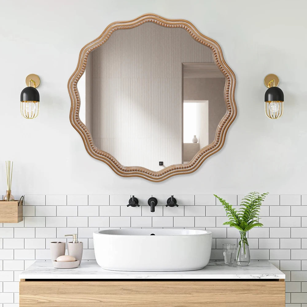 Wavy Scalloped Edge Round Wood Wall Mirror