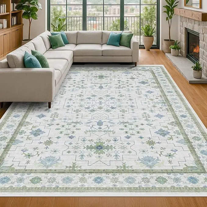 Boho Floral Wool Rug with Non Slip Backing