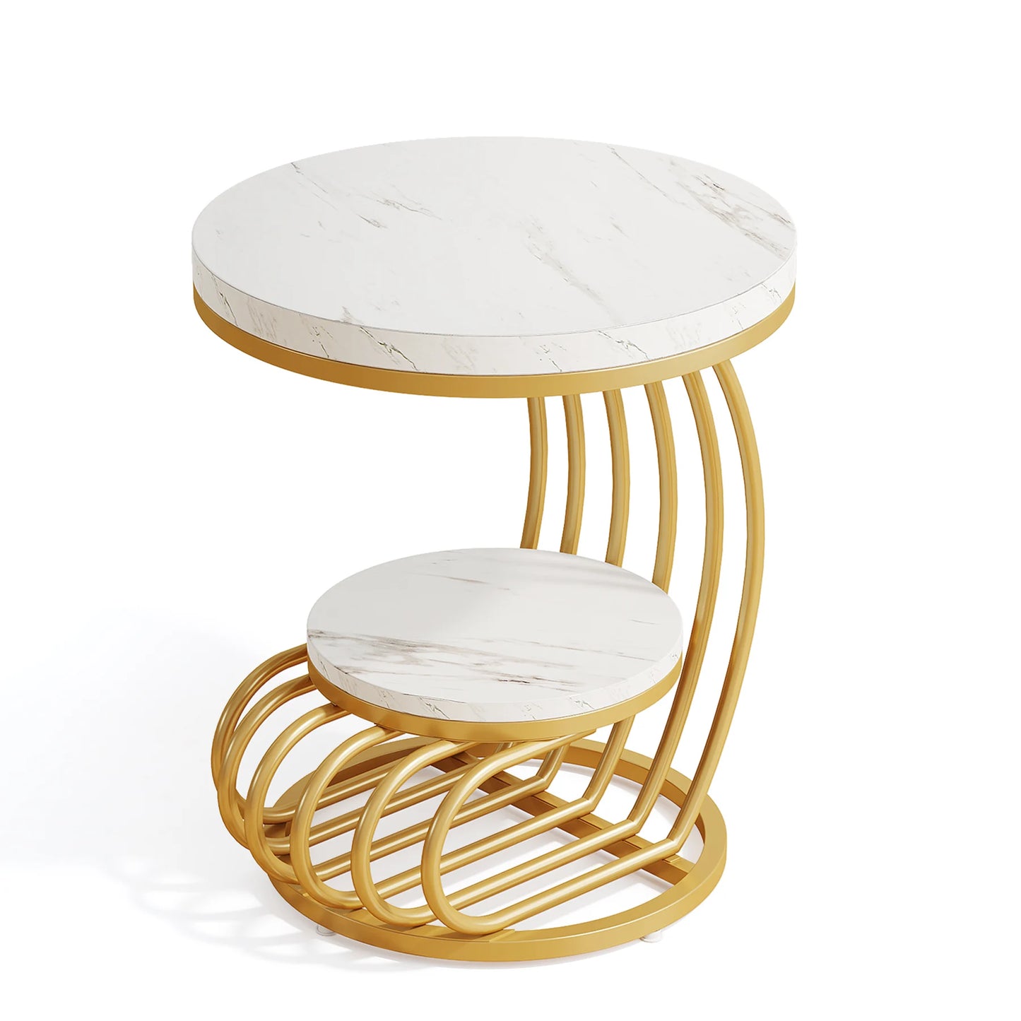 Tribesigns Gold Round End Table 2 Tiers Faux Marble