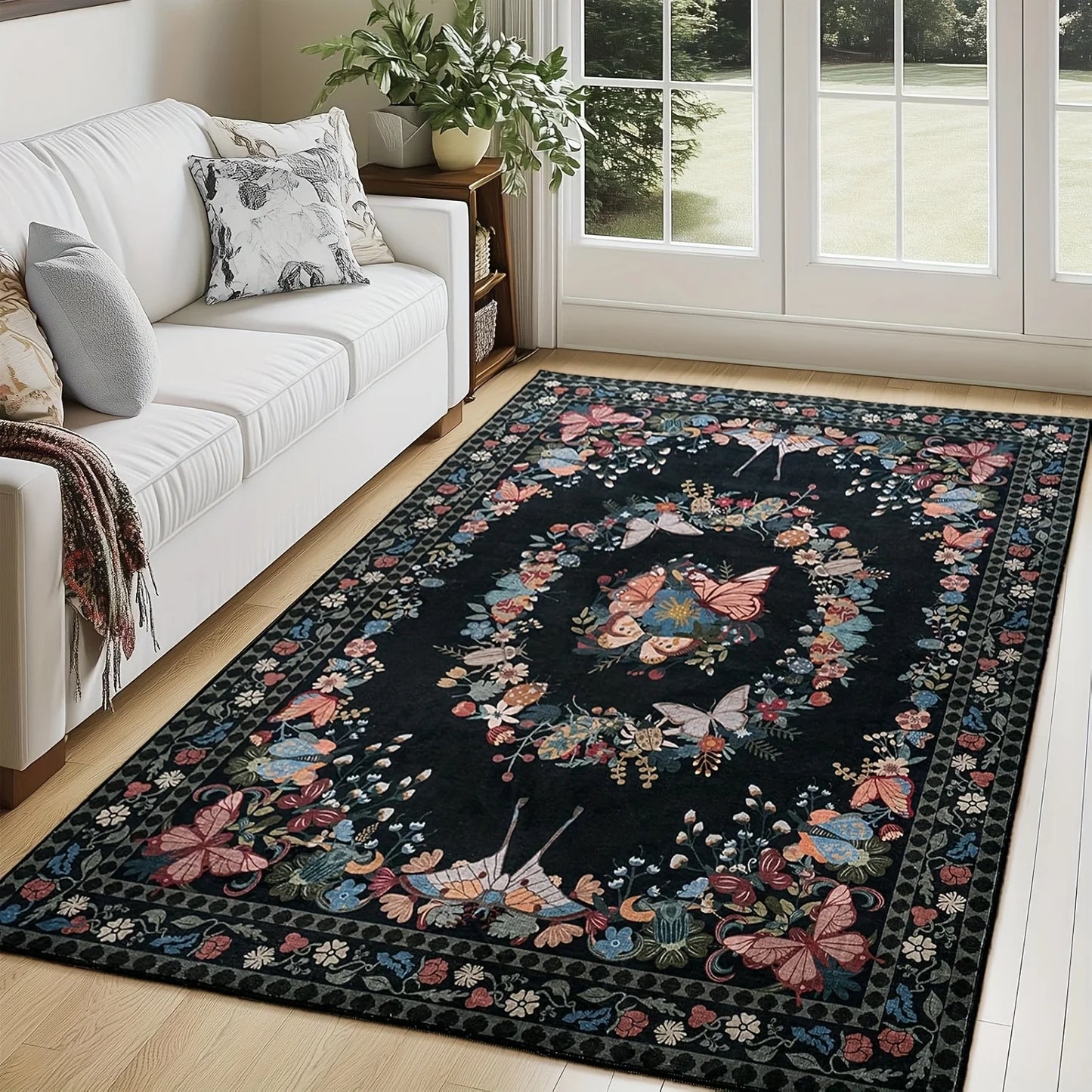 Gnizama Butterfly Floral Living Room Area Rug Modern Washable