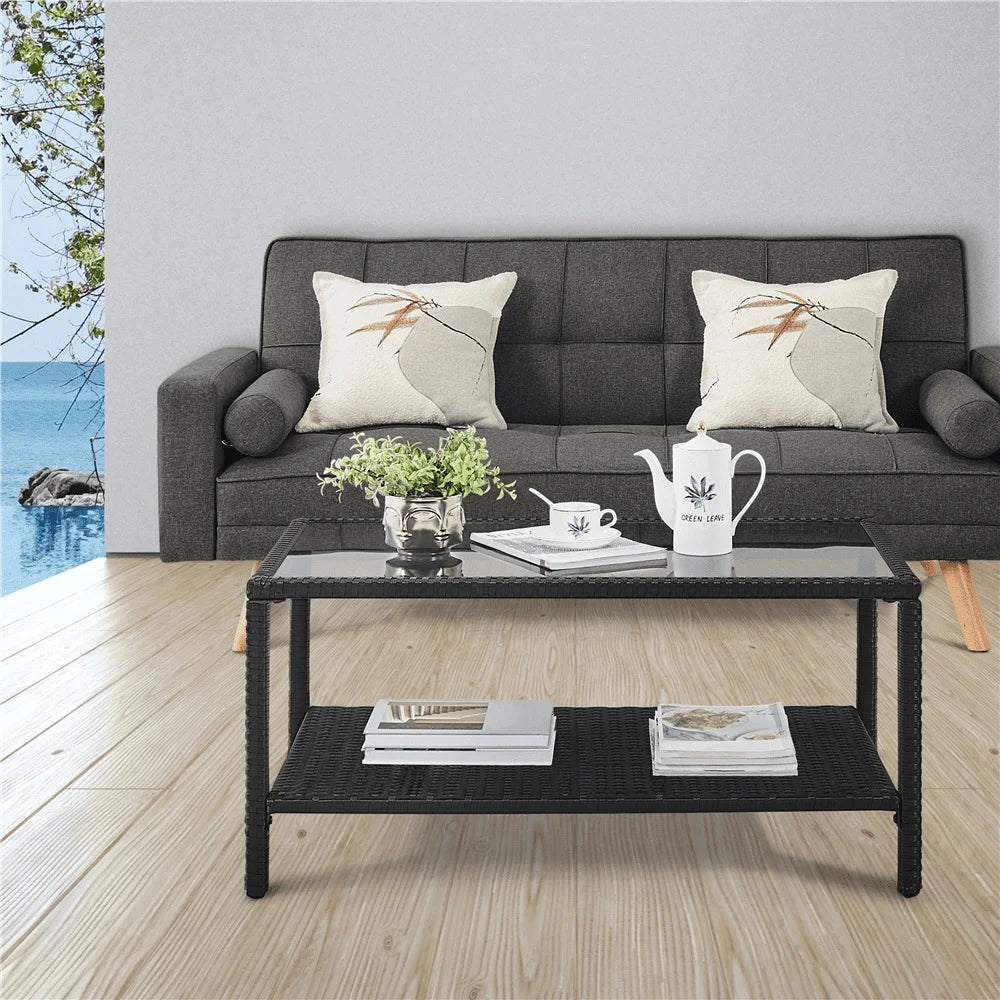 Folded Wicker Coffee Table With Tempered Glass Top Outdoor