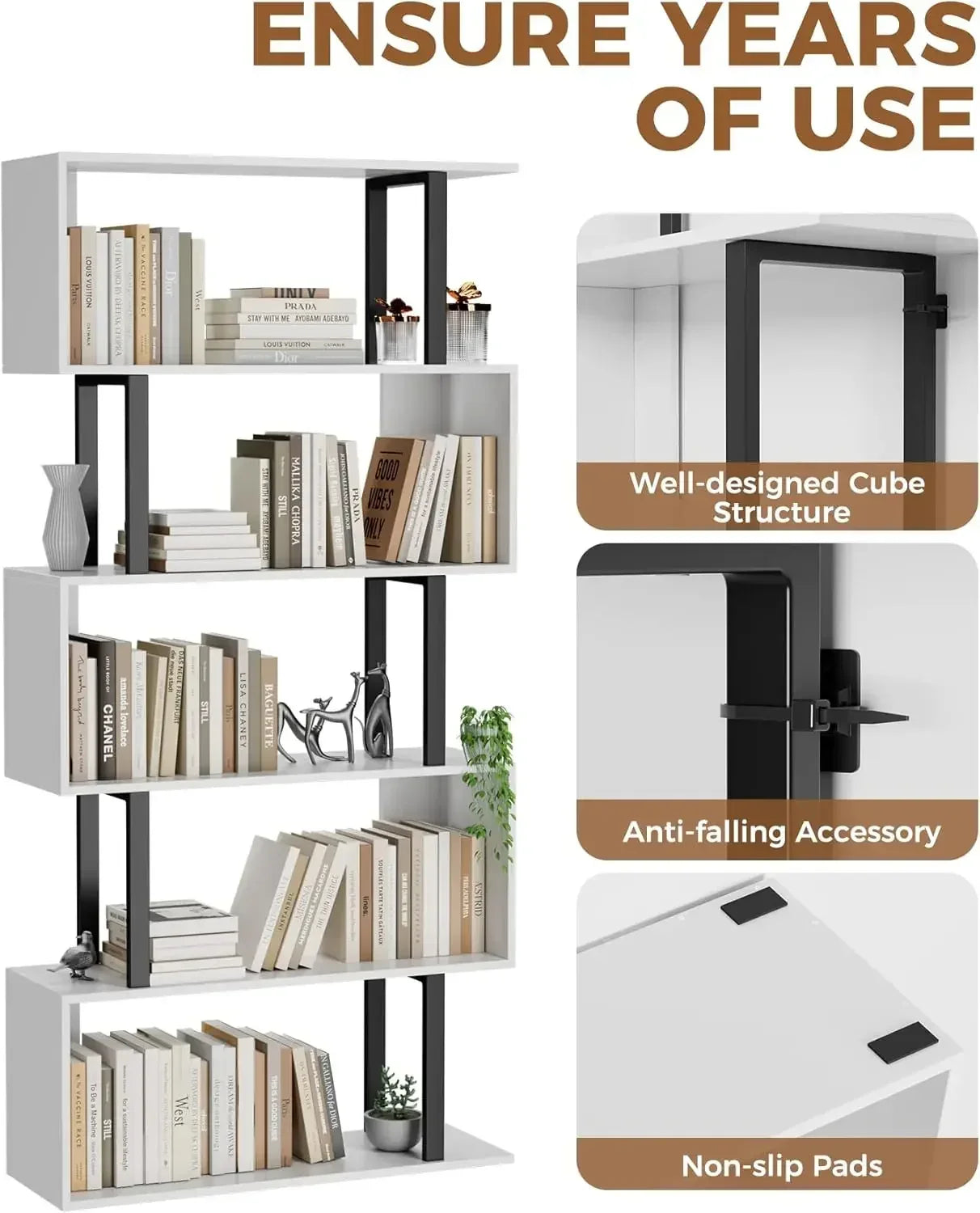 XMSJ 5 Tier Geometric S Shape Wood Bookcase Freestanding Shelves