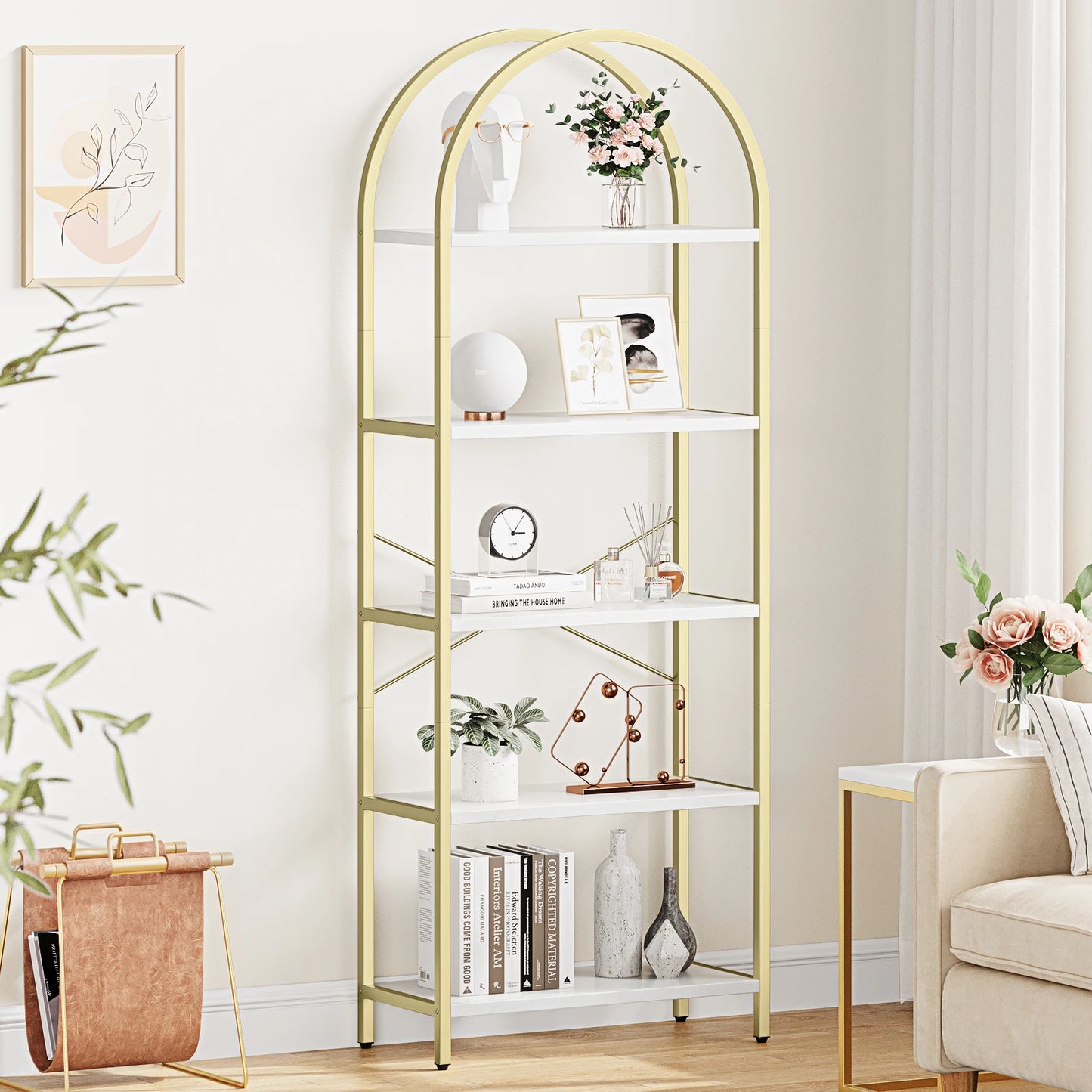 HiMISS Arched Metal Frame Bookshelf Wooden Bookcase