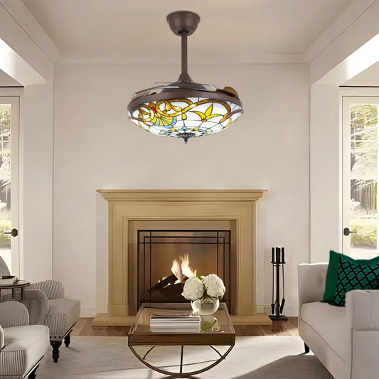 Bymaocar Tiffany Ceiling Fan With LED Light And Remote