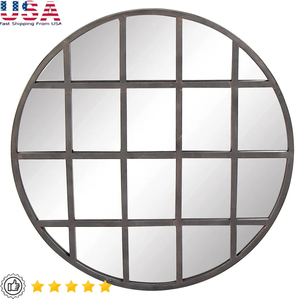 Industrial Grid Framed Wall Mirror Decorative Entryway Accent